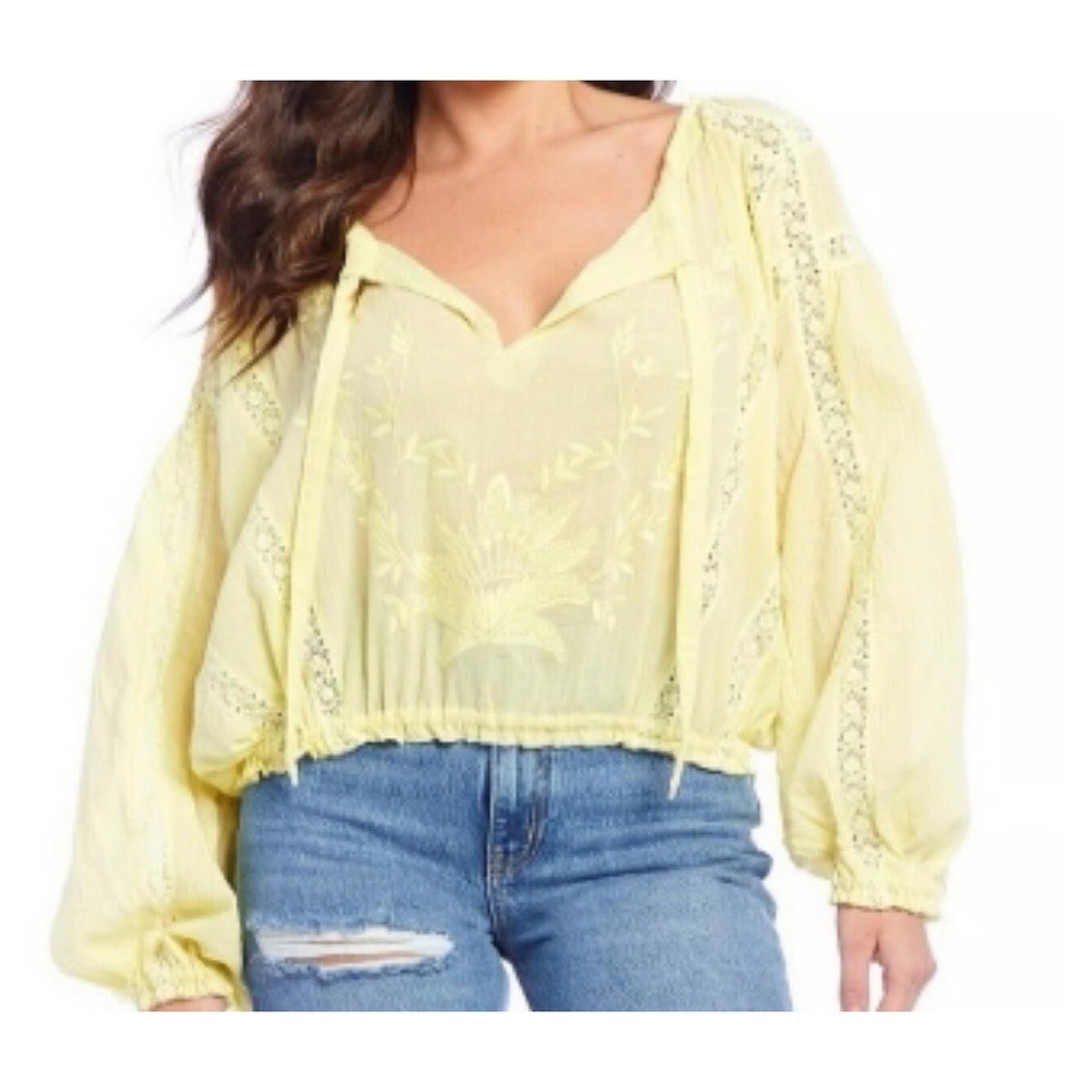 Free People Maria Crochet Embroidered Cottagecore Fairy Peasant Blouse Lemon "S"